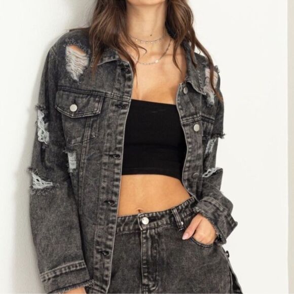HYFVE Tess Acid Washed Distressed Denim Jacket in Black Denim 100% Cotton Size S - Picture 1 of 10